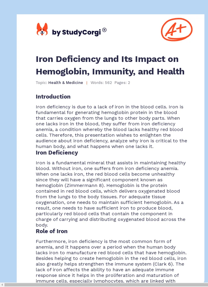 Iron Deficiency and Its Impact on Hemoglobin, Immunity, and Health. Page 1