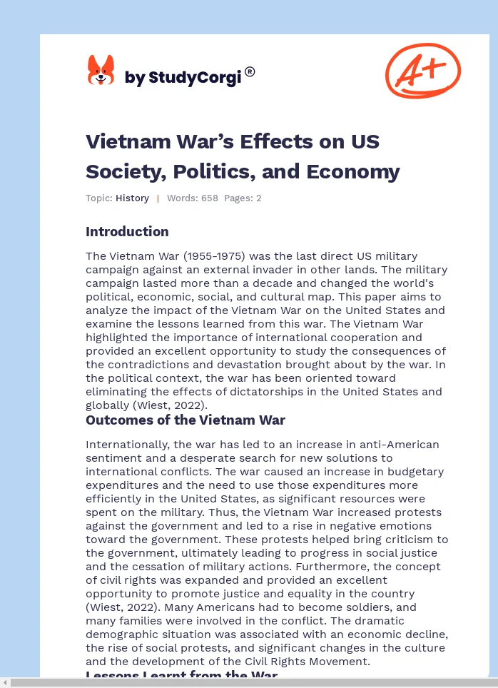 Vietnam War’s Effects on US Society, Politics, and Economy. Page 1