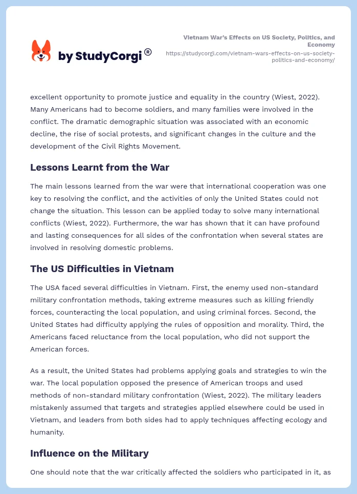 Vietnam War’s Effects on US Society, Politics, and Economy. Page 2