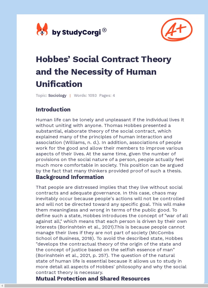 Hobbes’ Social Contract Theory and the Necessity of Human Unification. Page 1