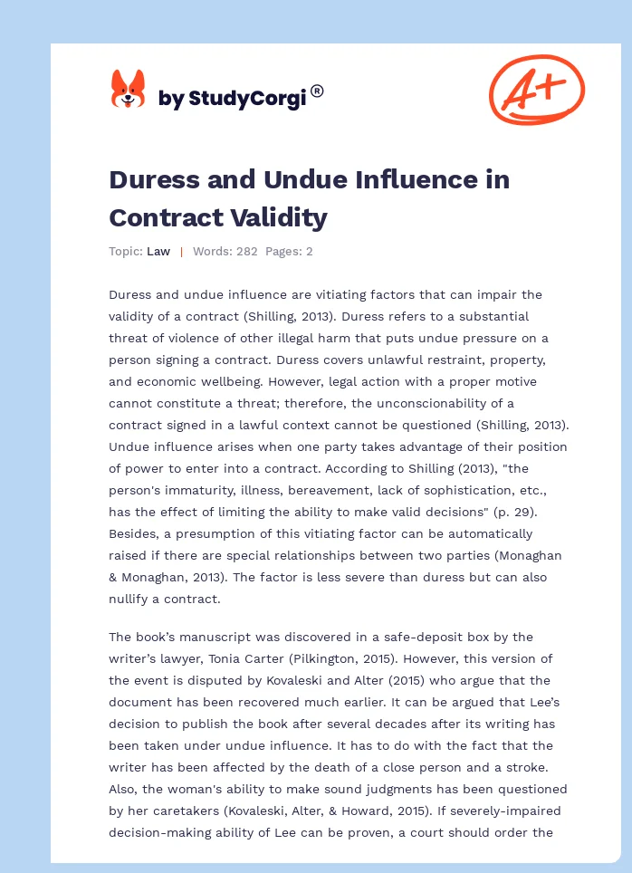 Duress and Undue Influence in Contract Validity. Page 1