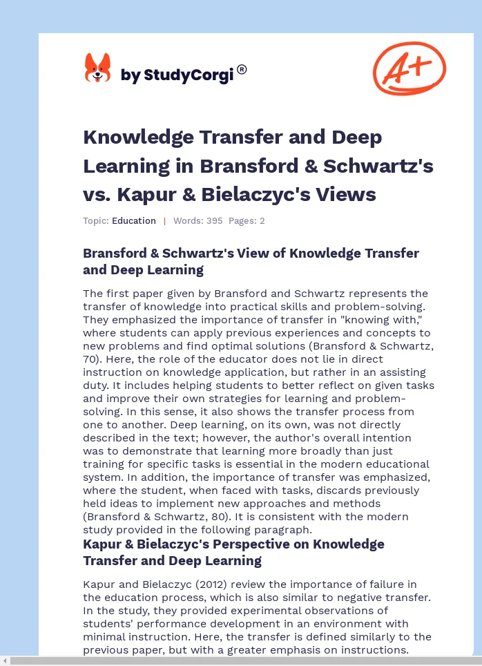 Knowledge Transfer and Deep Learning in Bransford & Schwartz's vs. Kapur & Bielaczyc's Views. Page 1