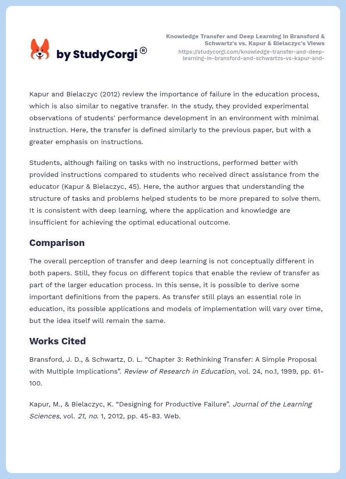 Knowledge Transfer and Deep Learning in Bransford & Schwartz's vs. Kapur & Bielaczyc's Views. Page 2