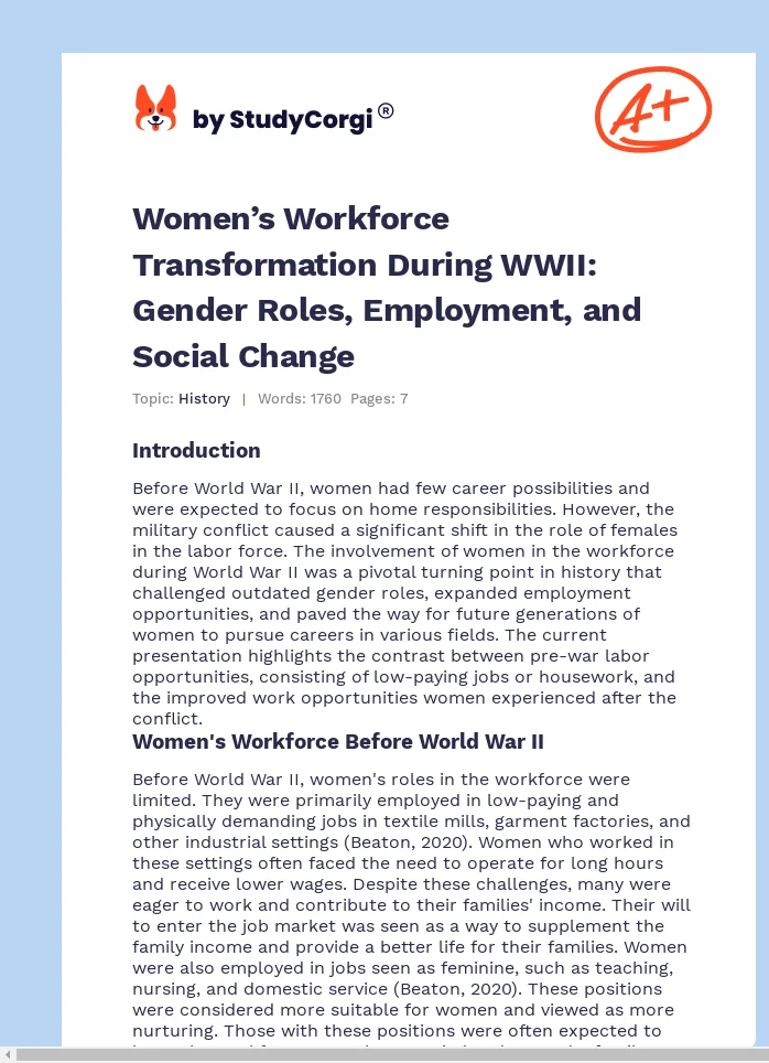 Women’s Workforce Transformation During WWII: Gender Roles, Employment, and Social Change. Page 1