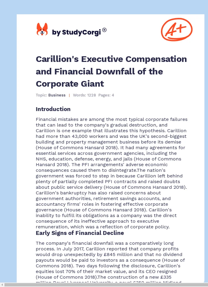 Carillion's Executive Compensation and Financial Downfall of the Corporate Giant. Page 1
