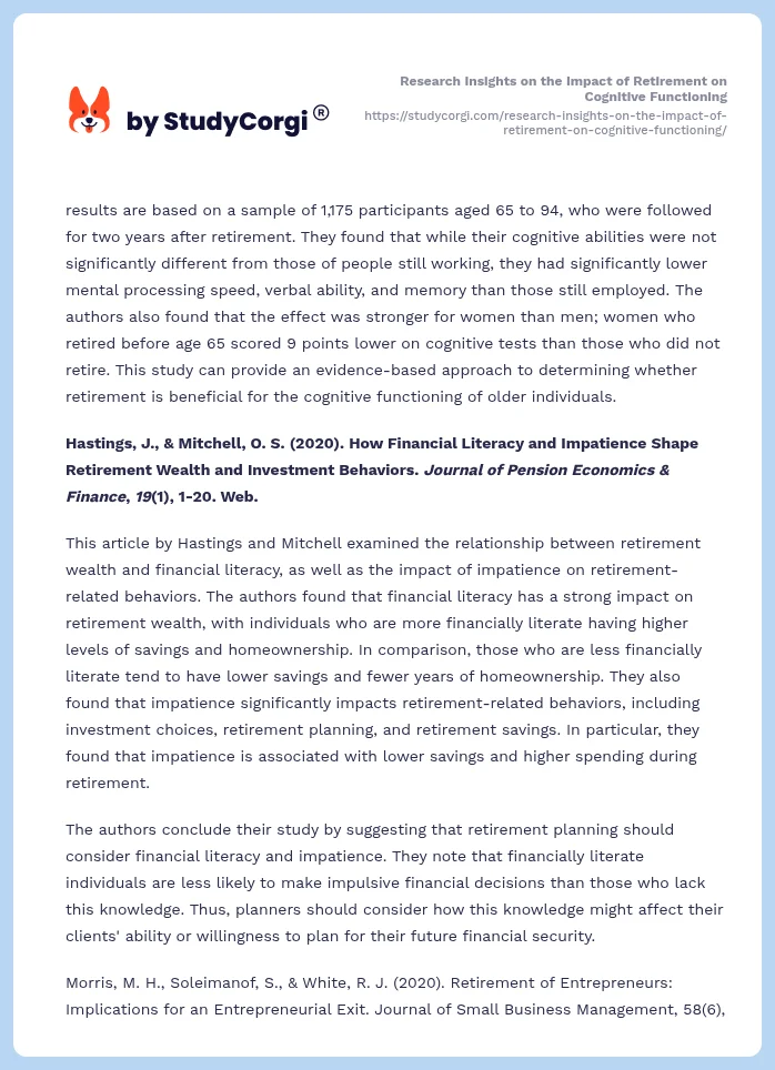 Research Insights on the Impact of Retirement on Cognitive Functioning. Page 2