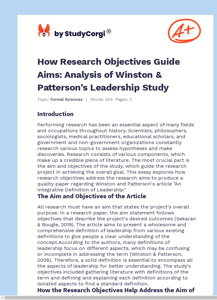 How Research Objectives Guide Aims: Analysis of Winston & Patterson’s Leadership Study. Page 1