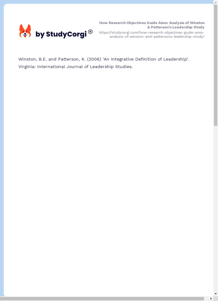 How Research Objectives Guide Aims: Analysis of Winston & Patterson’s Leadership Study. Page 2