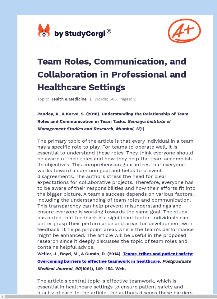 Team Roles, Communication, and Collaboration in Professional and Healthcare Settings. Page 1