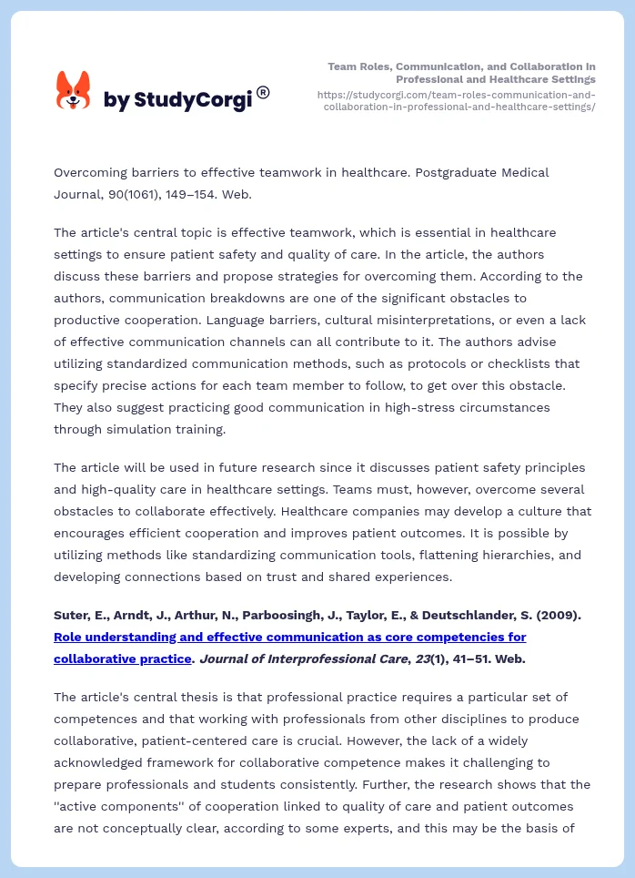 Team Roles, Communication, and Collaboration in Professional and Healthcare Settings. Page 2