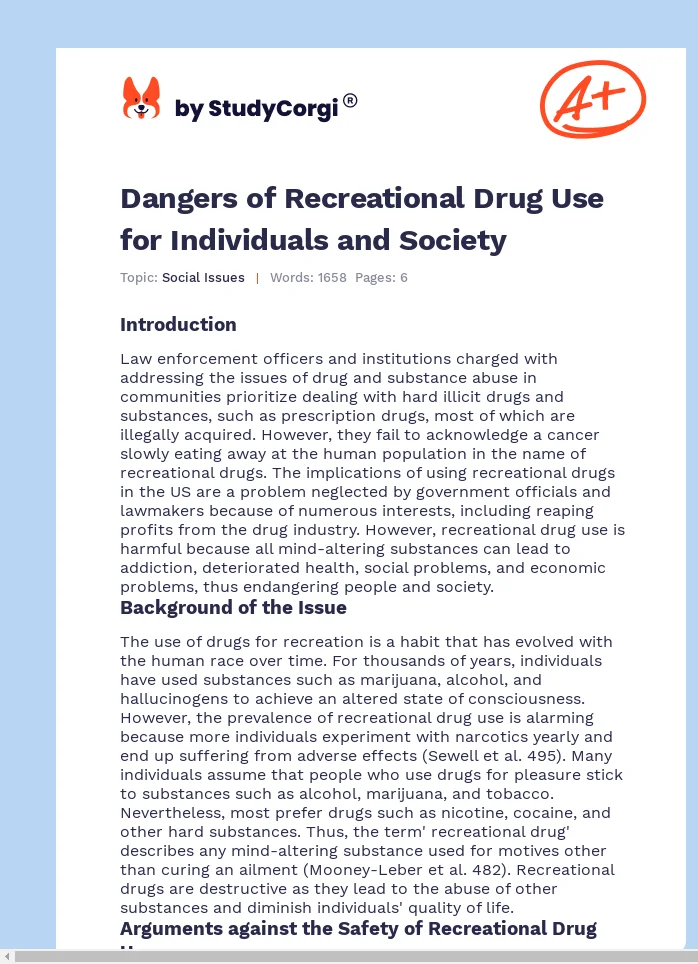 Dangers of Recreational Drug Use for Individuals and Society. Page 1
