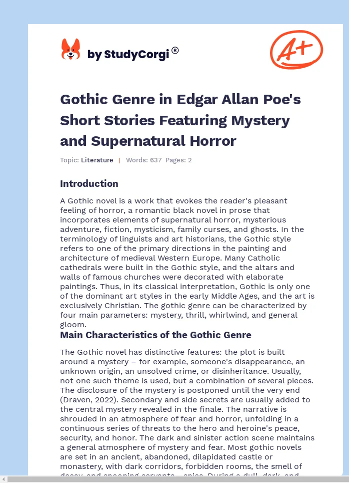Gothic Genre in Edgar Allan Poe's Short Stories Featuring Mystery and Supernatural Horror. Page 1