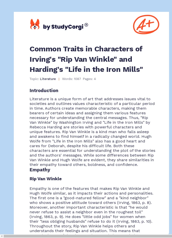 Common Traits in Characters of Irving's "Rip Van Winkle" and Harding's "Life in the Iron Mills". Page 1