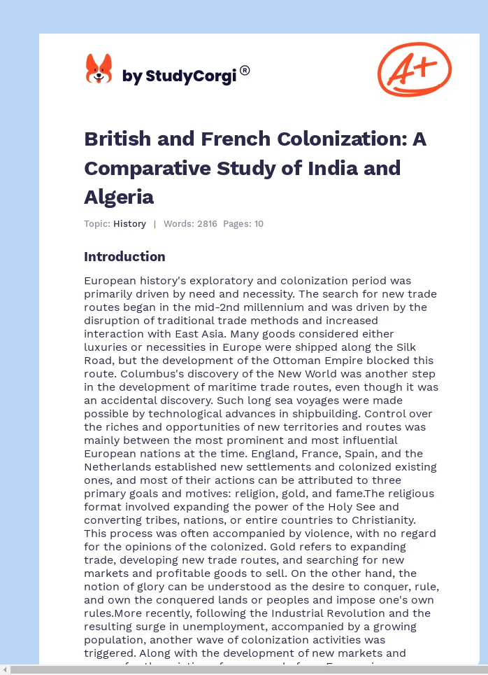 British and French Colonization: A Comparative Study of India and Algeria. Page 1