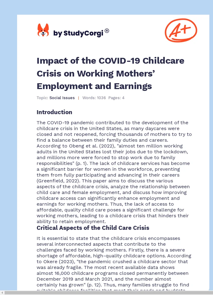 Impact of the COVID-19 Childcare Crisis on Working Mothers’ Employment and Earnings. Page 1
