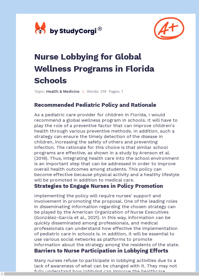 Nurse Lobbying for Global Wellness Programs in Florida Schools. Page 1
