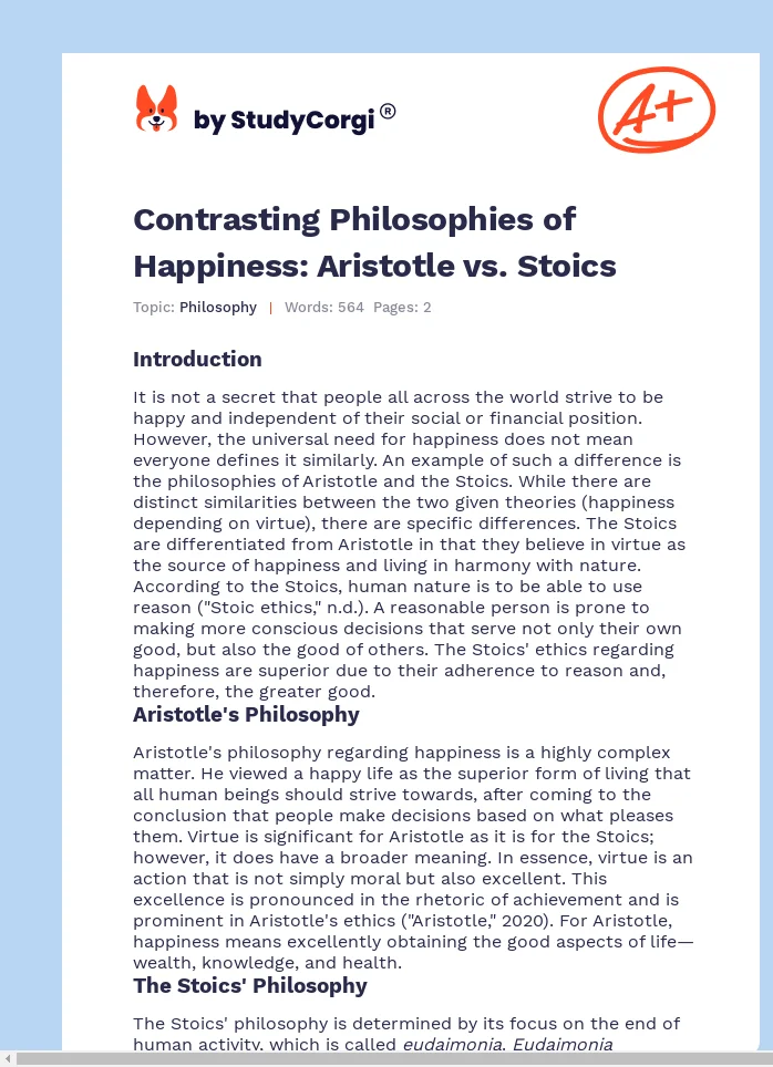 Contrasting Philosophies of Happiness: Aristotle vs. Stoics. Page 1