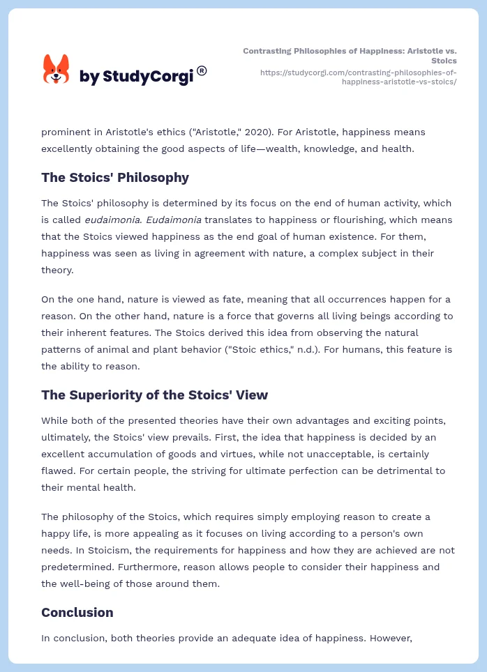Contrasting Philosophies of Happiness: Aristotle vs. Stoics. Page 2