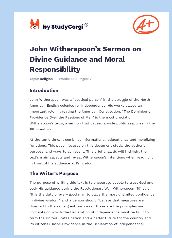 John Witherspoon’s Sermon on Divine Guidance and Moral Responsibility. Page 1