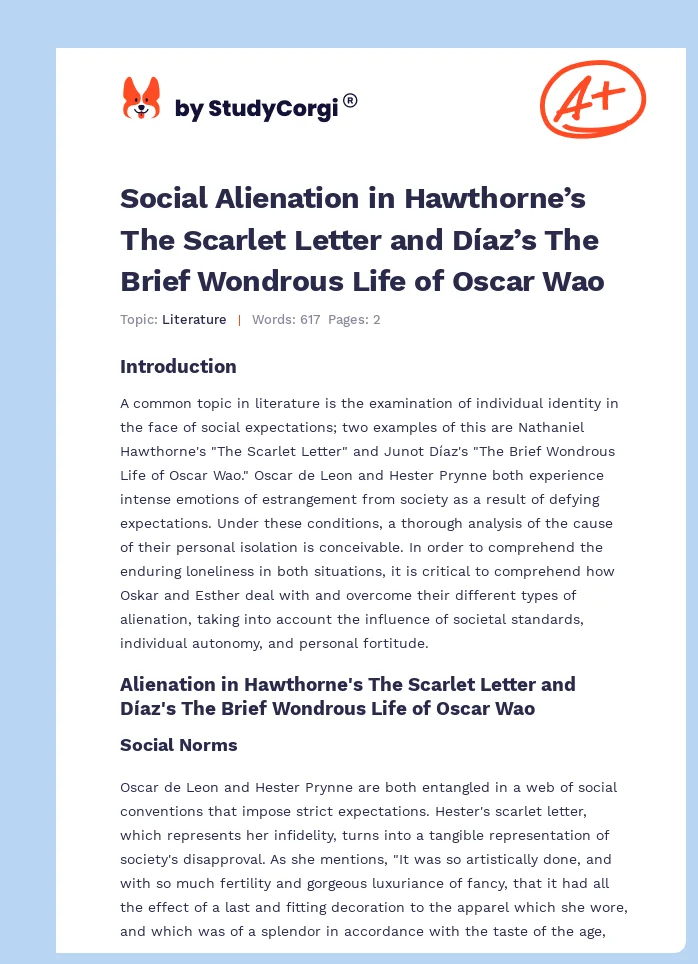 Social Alienation in Hawthorne’s The Scarlet Letter and Díaz’s The Brief Wondrous Life of Oscar Wao. Page 1