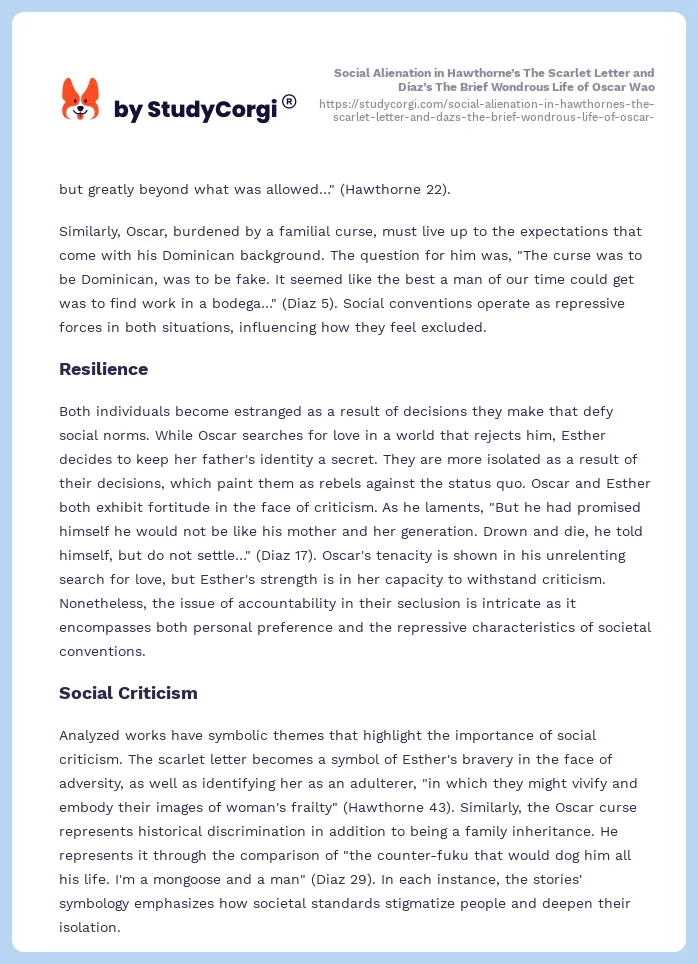 Social Alienation in Hawthorne’s The Scarlet Letter and Díaz’s The Brief Wondrous Life of Oscar Wao. Page 2