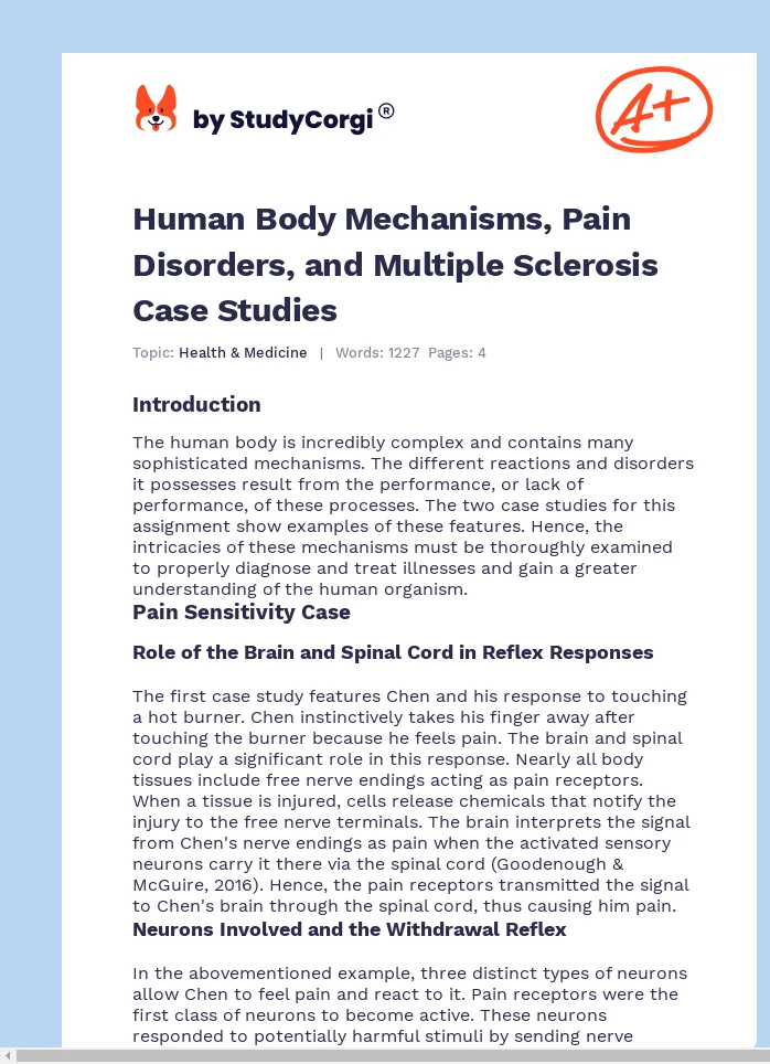 Human Body Mechanisms, Pain Disorders, and Multiple Sclerosis Case Studies. Page 1