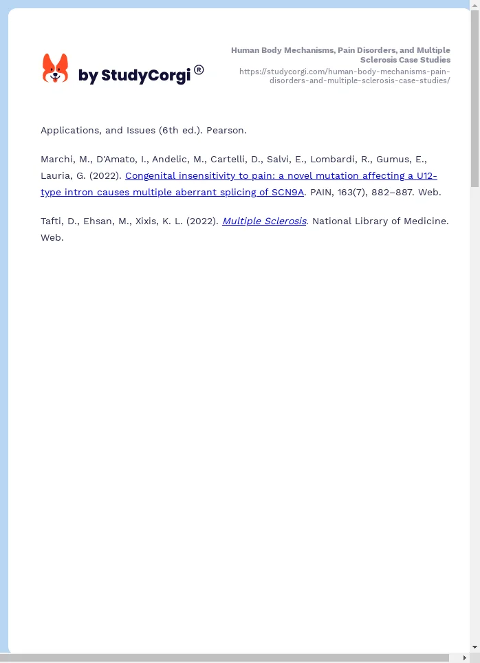 Human Body Mechanisms, Pain Disorders, and Multiple Sclerosis Case Studies. Page 2
