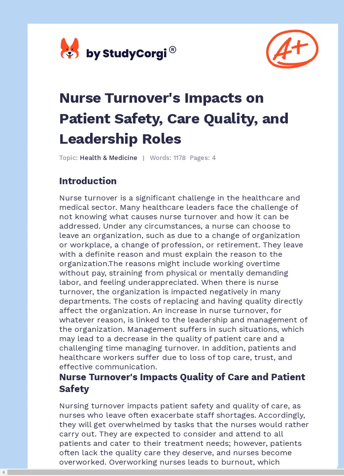 Nurse Turnover's Impacts on Patient Safety, Care Quality, and Leadership Roles. Page 1