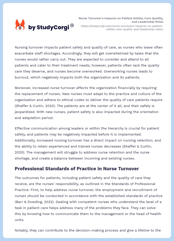 Nurse Turnover's Impacts on Patient Safety, Care Quality, and Leadership Roles. Page 2