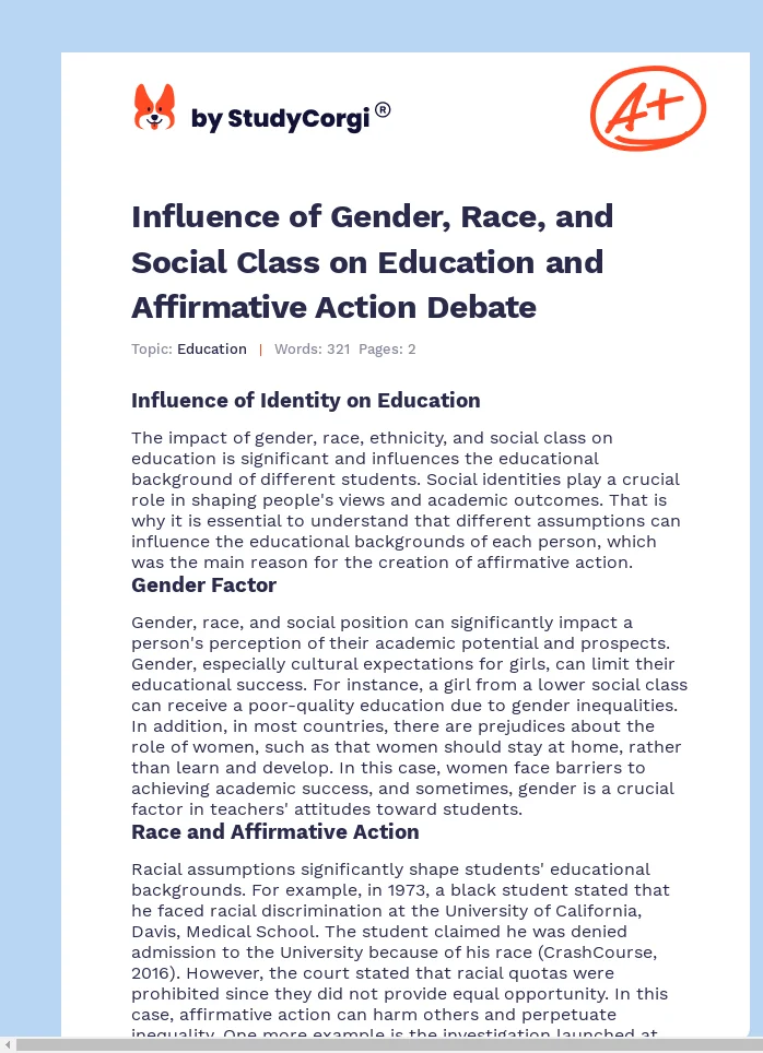 Influence of Gender, Race, and Social Class on Education and Affirmative Action Debate. Page 1