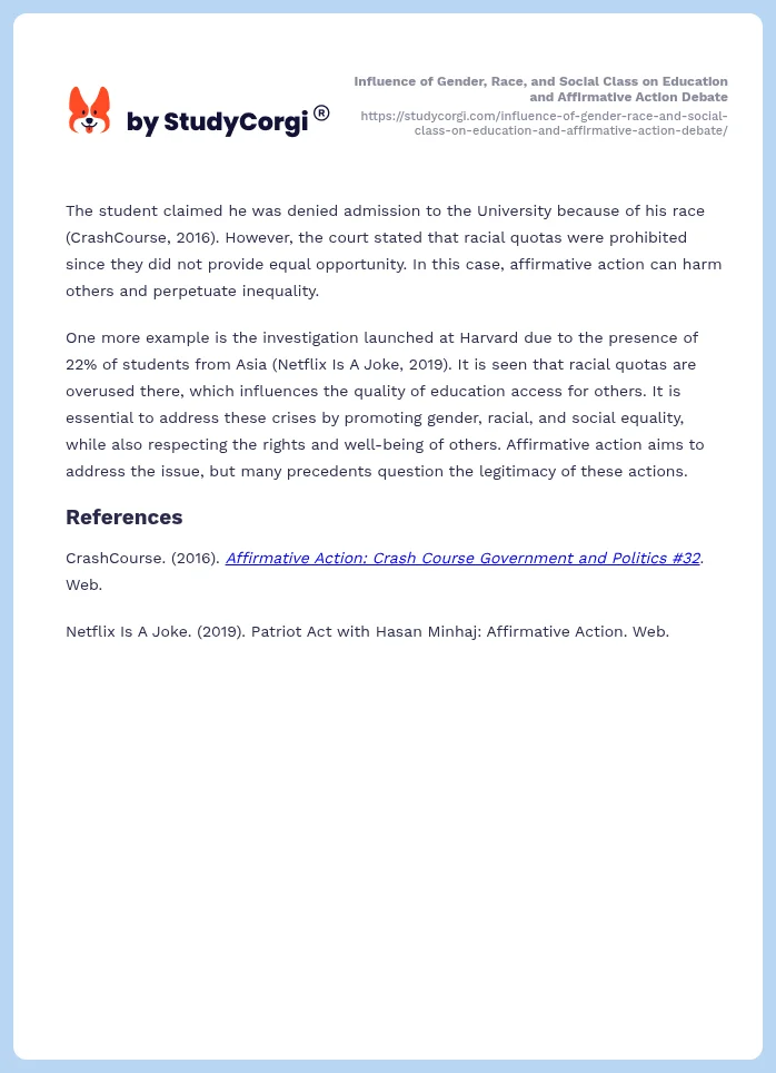 Influence of Gender, Race, and Social Class on Education and Affirmative Action Debate. Page 2