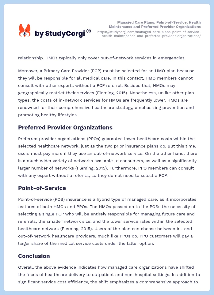 Managed Care Plans: Point-of-Service, Health Maintenance and Preferred Provider Organizations. Page 2