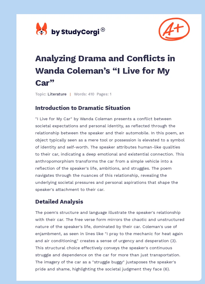 Analyzing Drama and Conflicts in Wanda Coleman’s “I Live for My Car”. Page 1