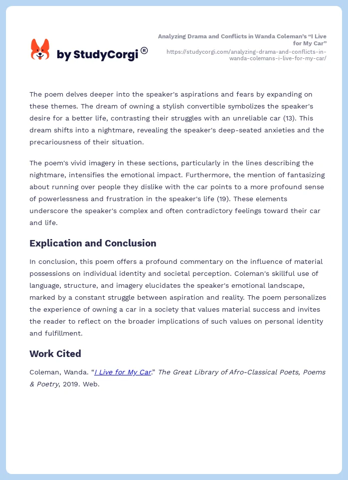 Analyzing Drama and Conflicts in Wanda Coleman’s “I Live for My Car”. Page 2