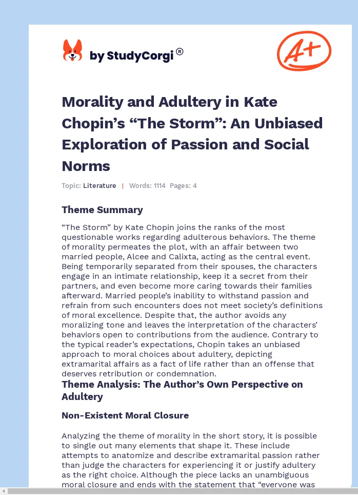 Morality and Adultery in Kate Chopin’s “The Storm”: An Unbiased Exploration of Passion and Social Norms. Page 1