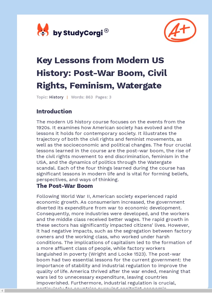 Key Lessons from Modern US History: Post-War Boom, Civil Rights, Feminism, Watergate. Page 1