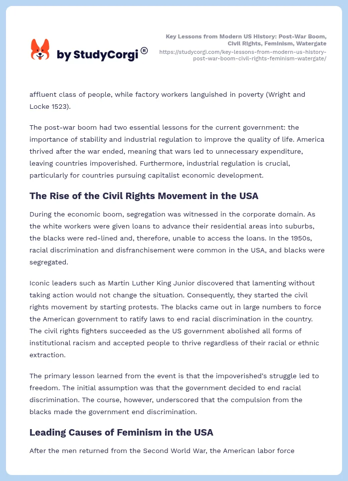 Key Lessons from Modern US History: Post-War Boom, Civil Rights, Feminism, Watergate. Page 2