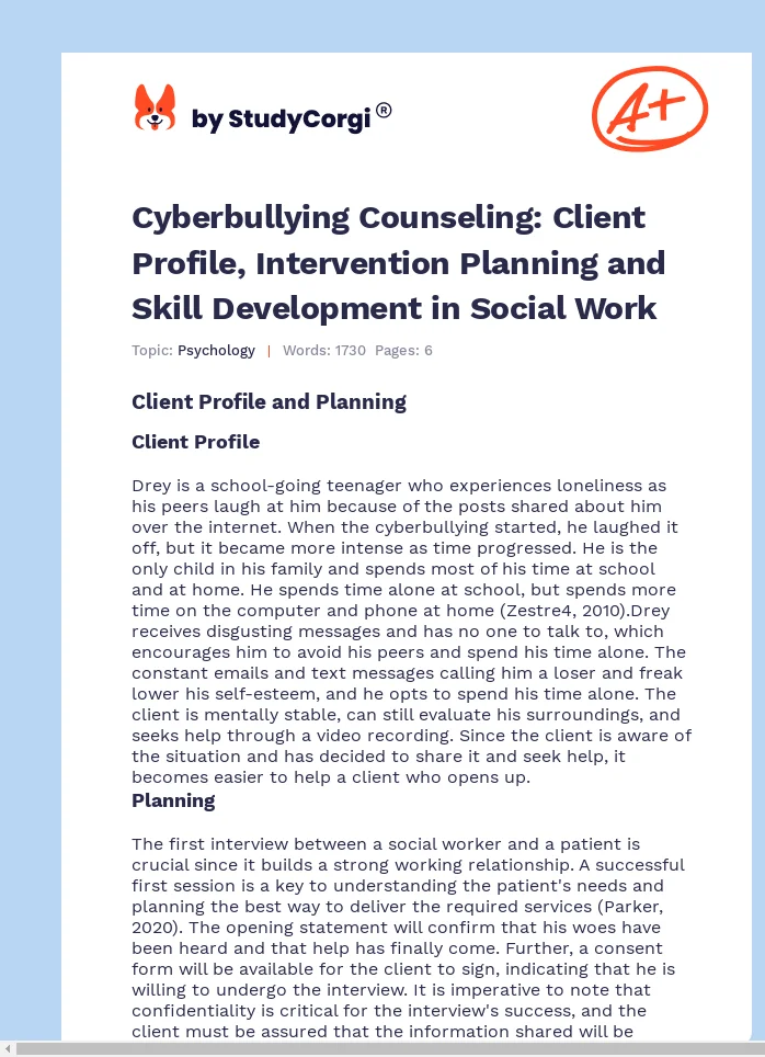 Cyberbullying Counseling: Client Profile, Intervention Planning and Skill Development in Social Work. Page 1