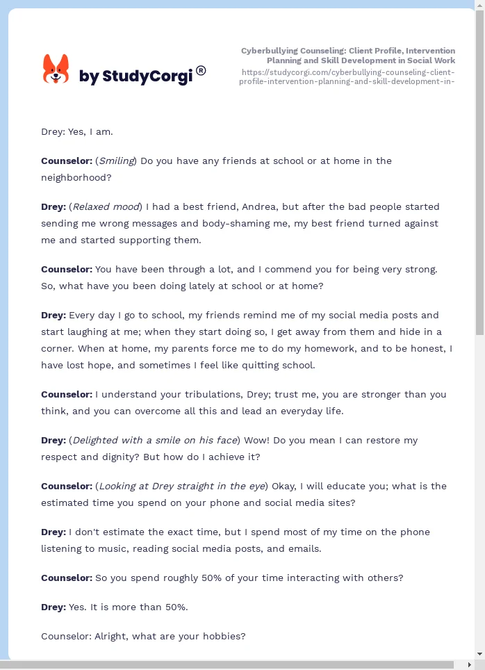 Cyberbullying Counseling: Client Profile, Intervention Planning and Skill Development in Social Work. Page 2
