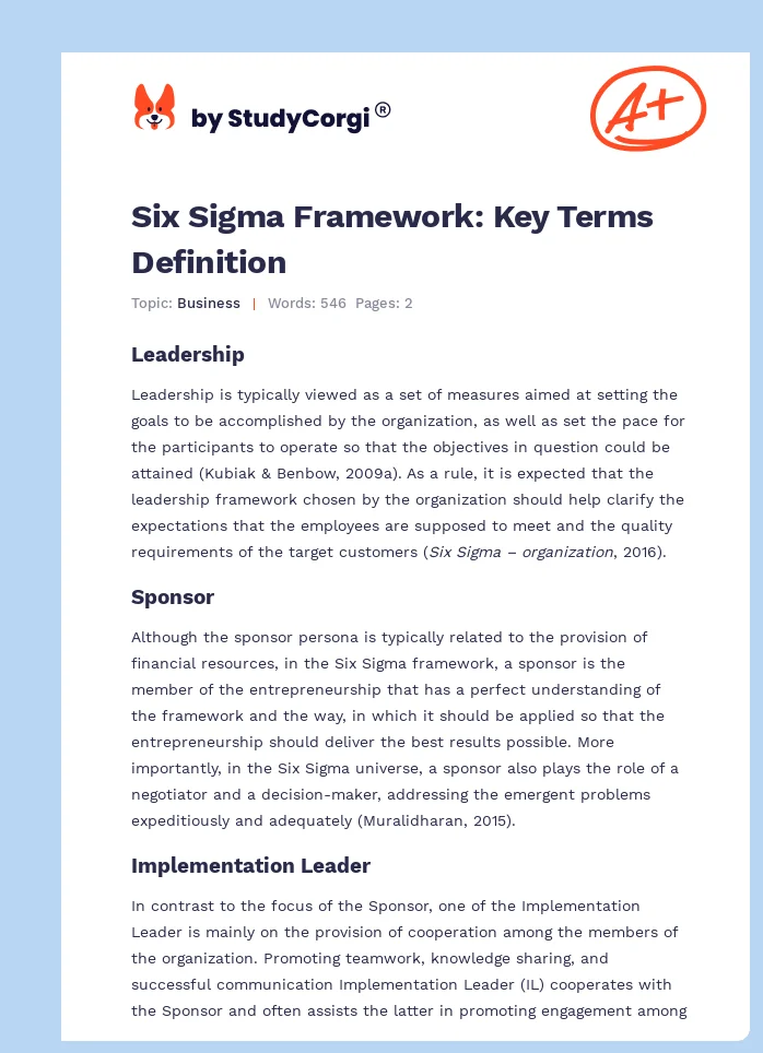 Six Sigma Framework: Key Terms Definition. Page 1