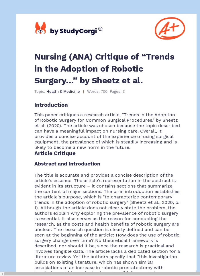 Nursing (ANA) Critique of “Trends in the Adoption of Robotic Surgery…” by Sheetz et al.. Page 1
