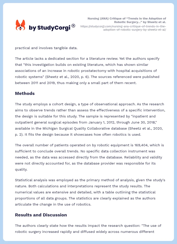 Nursing (ANA) Critique of “Trends in the Adoption of Robotic Surgery…” by Sheetz et al.. Page 2