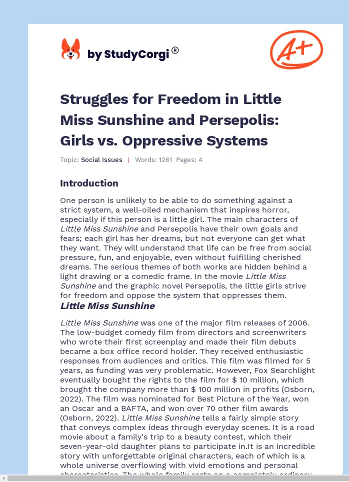 Struggles for Freedom in Little Miss Sunshine and Persepolis: Girls vs. Oppressive Systems. Page 1
