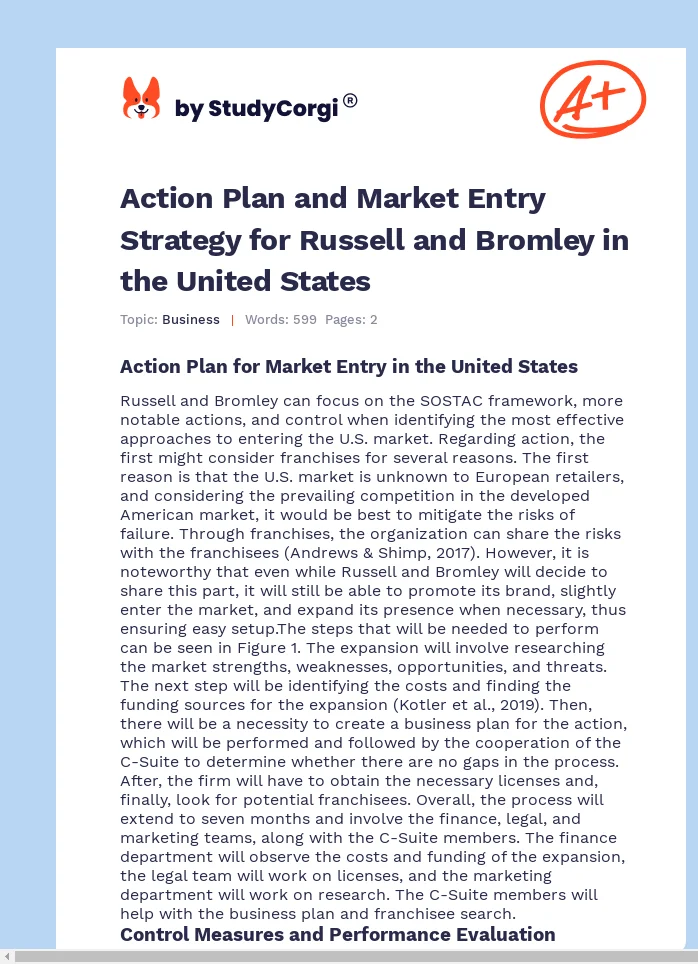 Action Plan and Market Entry Strategy for Russell and Bromley in the United States. Page 1
