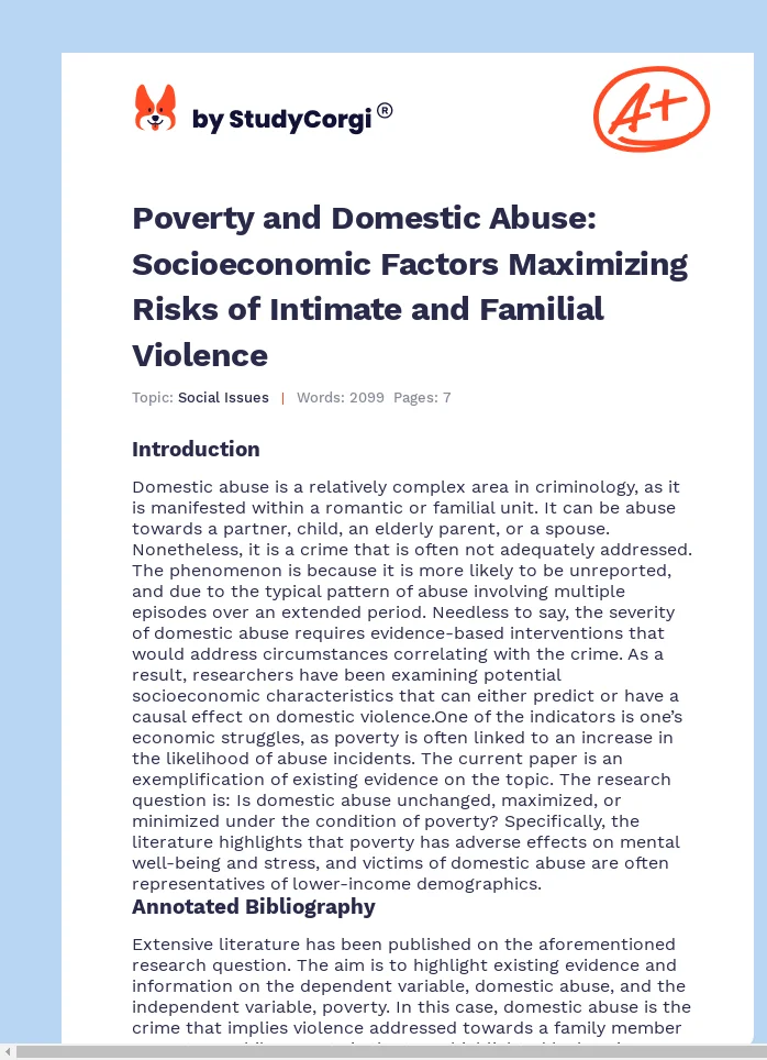 Poverty and Domestic Abuse: Socioeconomic Factors Maximizing Risks of Intimate and Familial Violence. Page 1