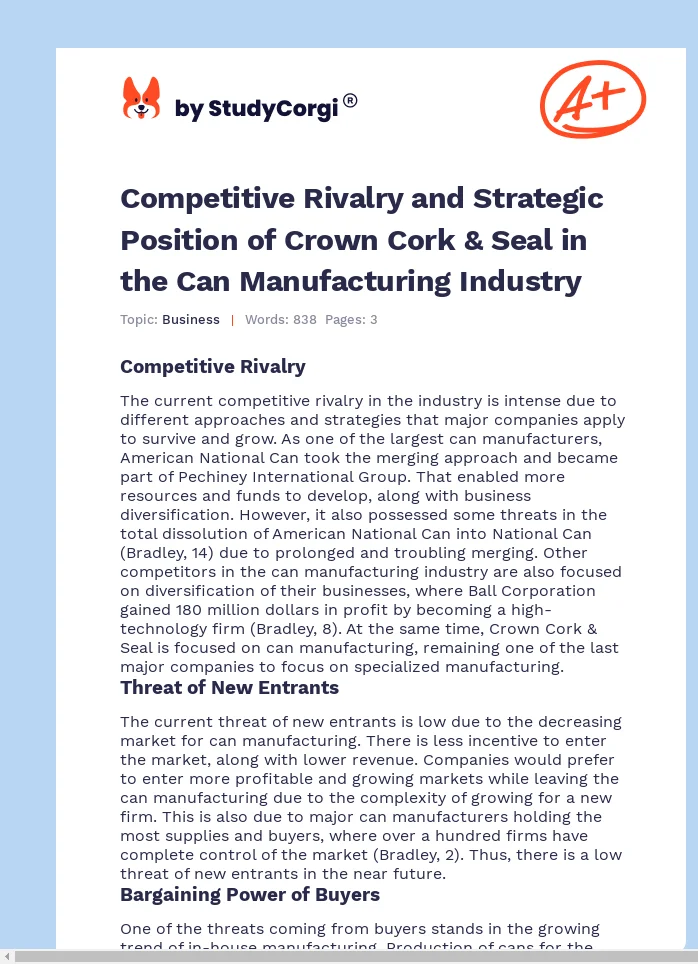 Competitive Rivalry and Strategic Position of Crown Cork & Seal in the Can Manufacturing Industry. Page 1