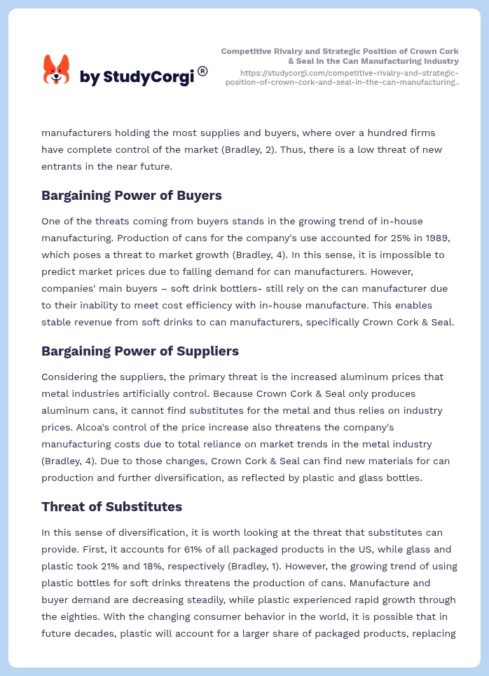 Competitive Rivalry and Strategic Position of Crown Cork & Seal in the Can Manufacturing Industry. Page 2
