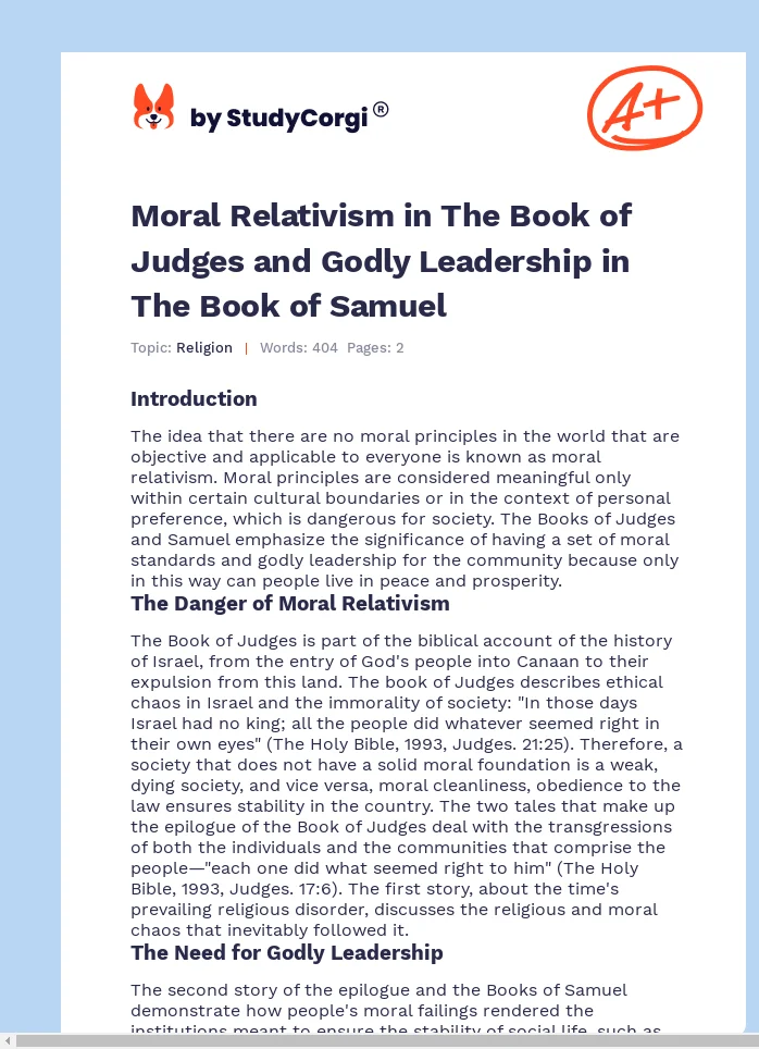 Moral Relativism in The Book of Judges and Godly Leadership in The Book of Samuel. Page 1