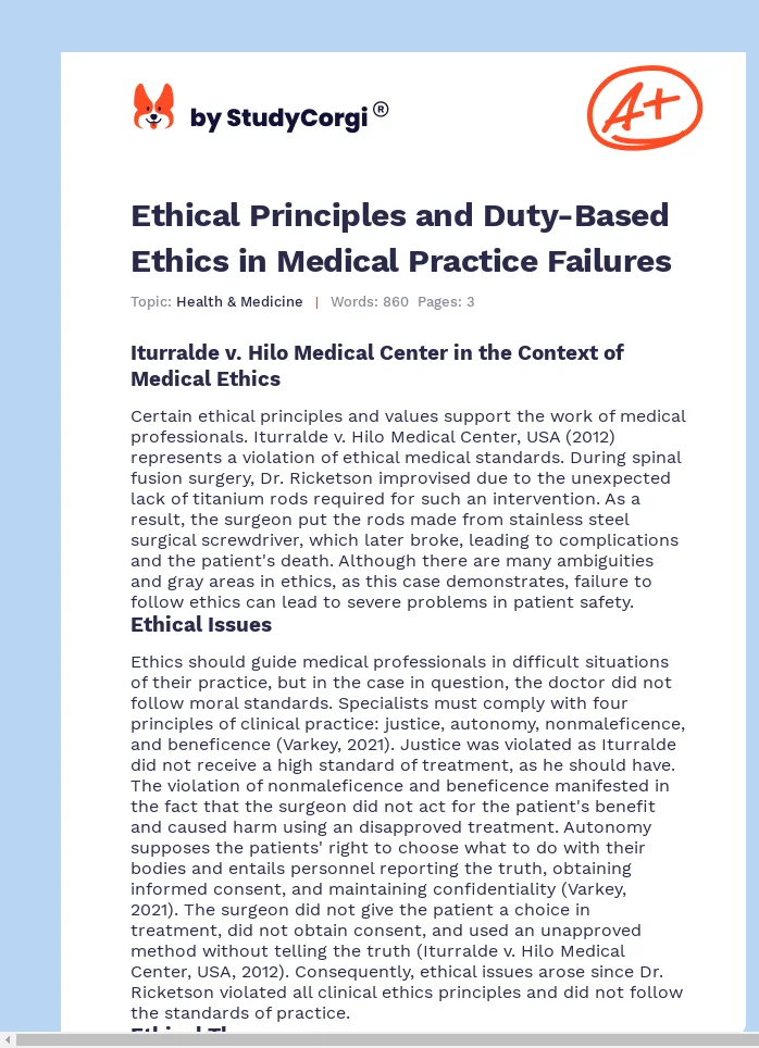 Ethical Principles and Duty-Based Ethics in Medical Practice Failures. Page 1