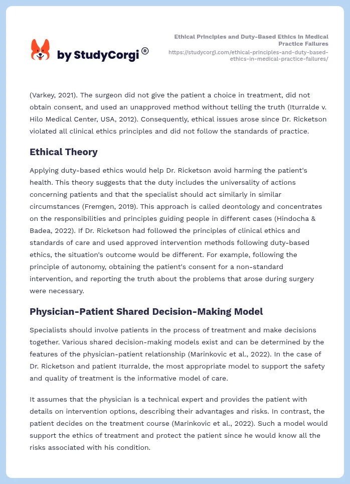 Ethical Principles and Duty-Based Ethics in Medical Practice Failures. Page 2